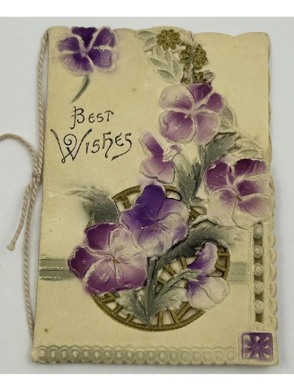 Antique Die-Cut Embossed Greeting Card Booklet Pansies 1900-1915 Gilt Poem F2